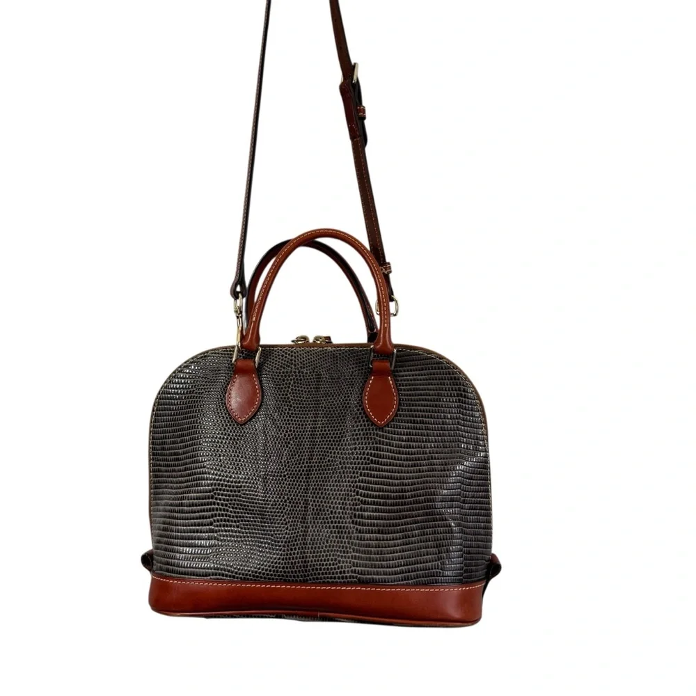 Dooney & Bourke Lizard Embossed Leather Domed Satchel | Brown Leather W/Strap - Picture 4 of 16